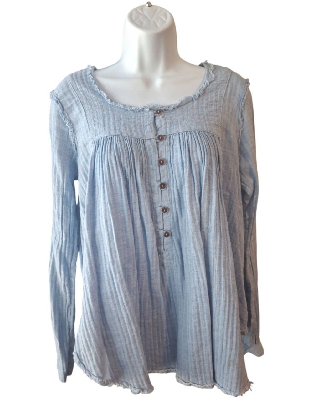 Free People We The Free XS Blue Cotton Pintuck Tunic Top Boho Coastal Babydoll
